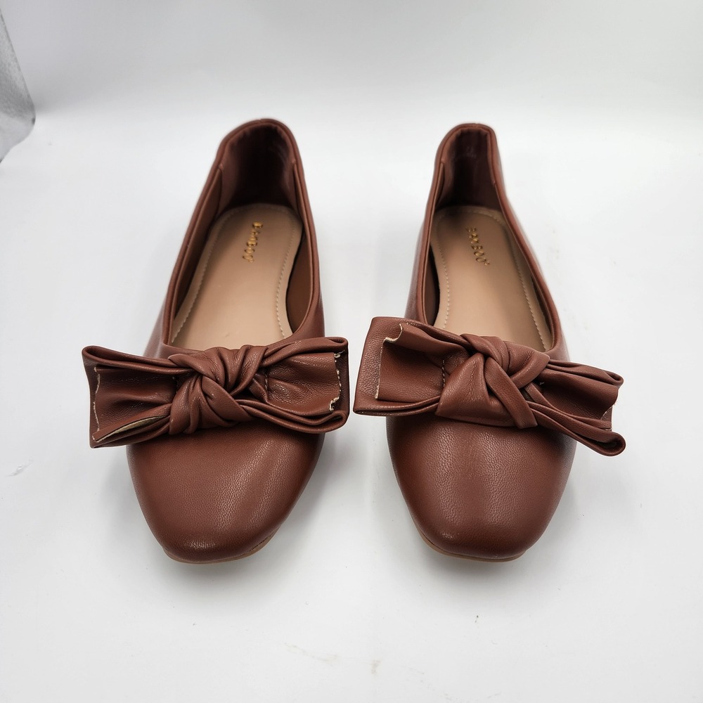 Bamboo Women Brown Flats Bow Round Toe Slip On Shoes Size 7.5 Faux Leather